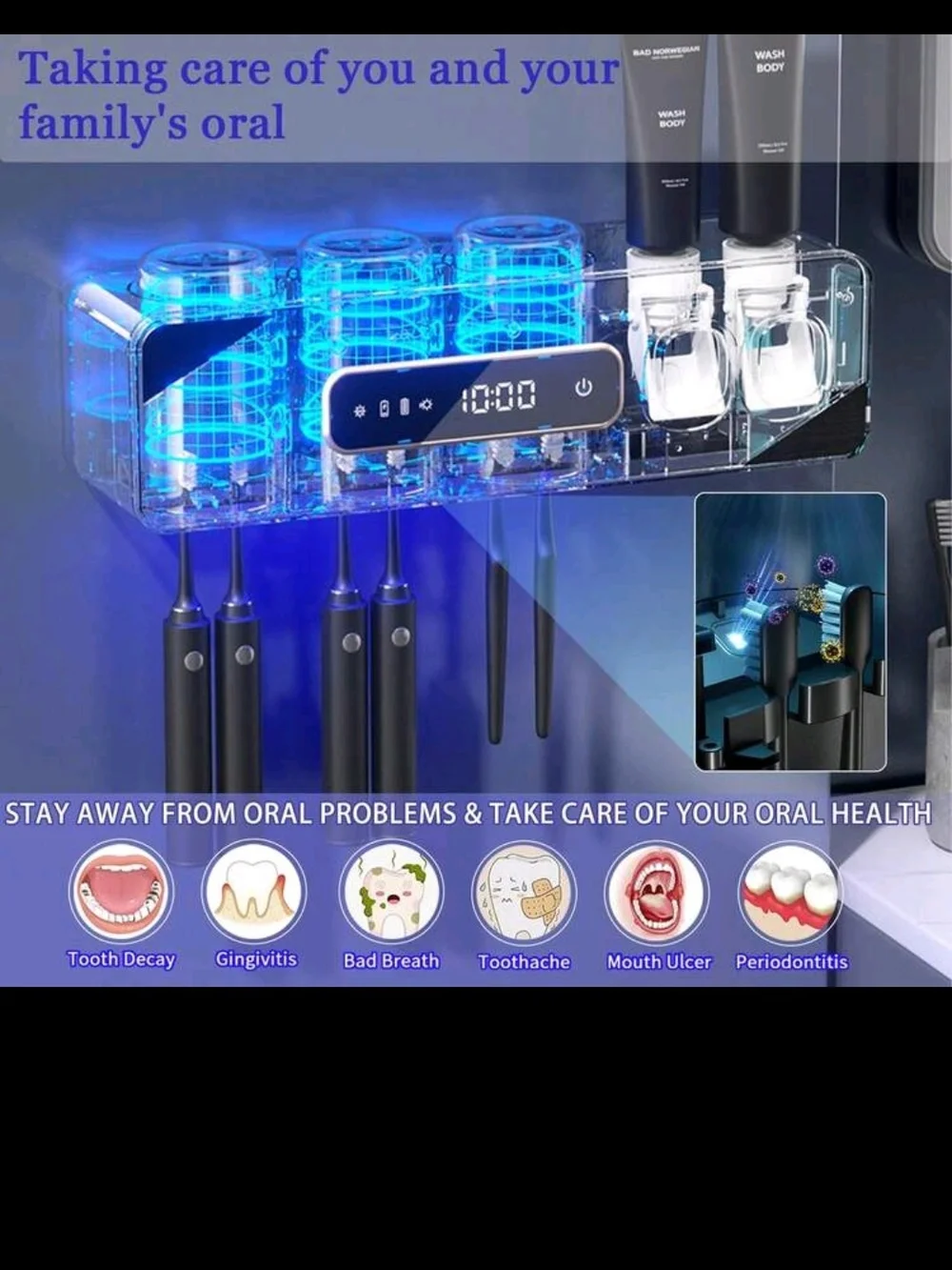 Wall-Mount Electric Toothbrush & Accessory Organizer - Black